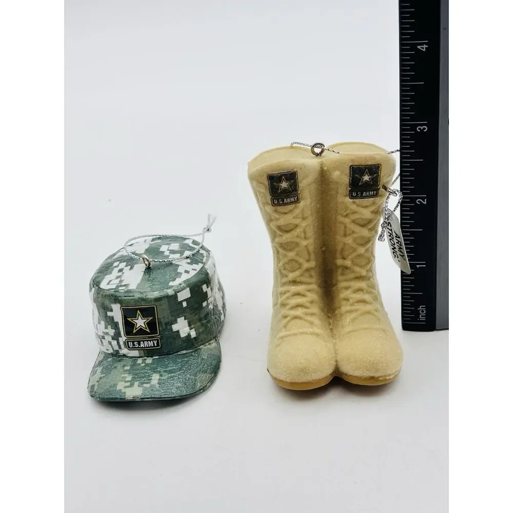 United States Army Christmas Ornament Lot Of 2 Hat And Boots Patriotic VG Cond